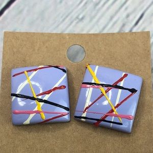 5/$25 Artsy purple multi color square splash paint decor statement earrings